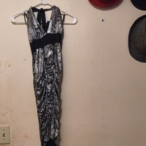 Elegant Black and White Ruching Halter Dress